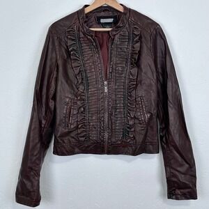 Womens Festival Steampunk Western Faux Leather Jacket Sz L Ruffle Zip